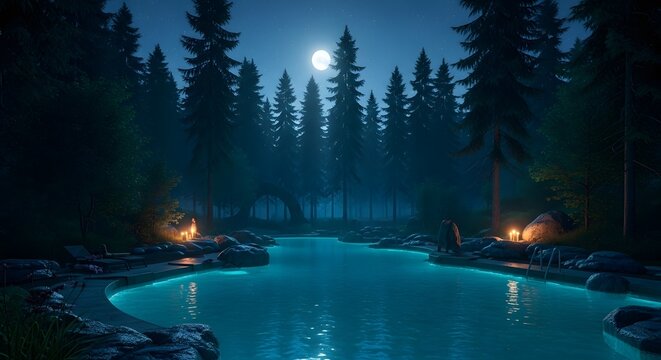 Serene forest river at night under a full moon with glowing lanterns and pine trees creating a magical tranquil landscape for relaxation and