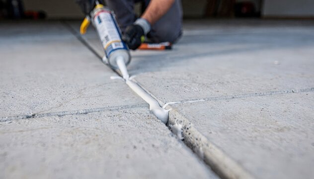 Medium shot showing resealing process of garage floor joints with a caulk gun focus on sealant bead surrounding concrete slabs out of focus.