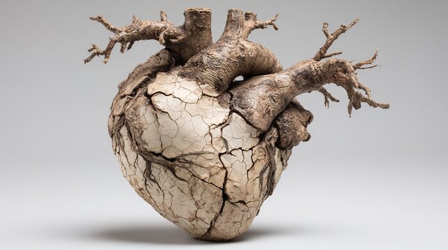 mortality. A fractured heart sculpture with vines growing through cracks, representing evolving mortality concepts. wellbeing guides.