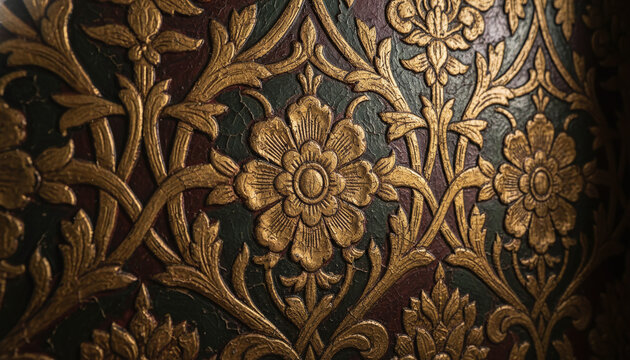 Antique Cuir de Cordoue gilded leather texture with embossed floral pattern