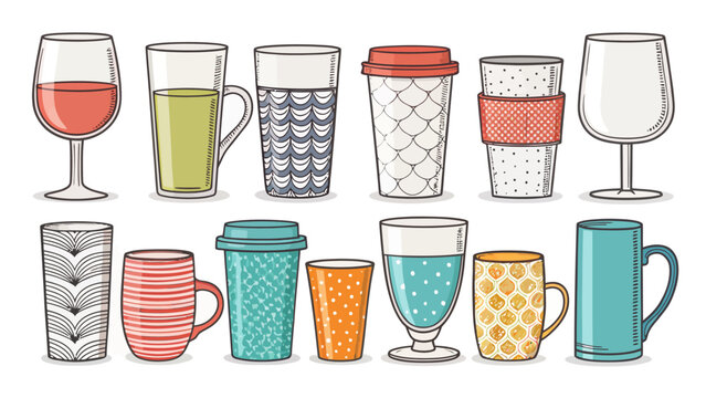 Assorted colorful drinkware bundle with cups mugs and glasses in various patterns and designs