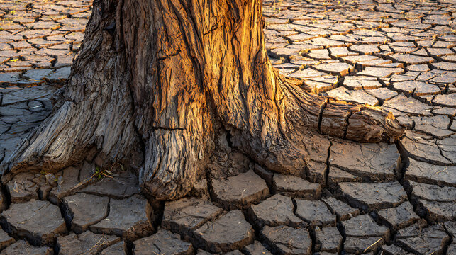 Tree trunk on cracked dry ground for creative digital media and web design