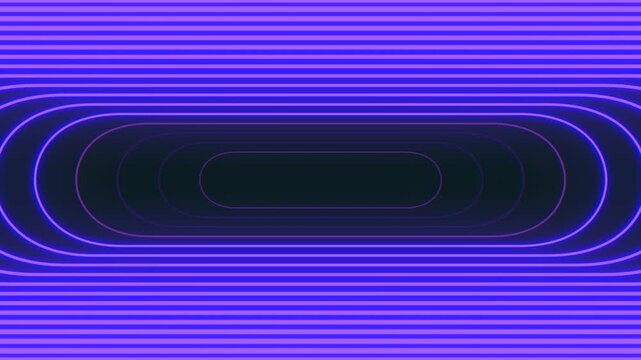 Abstract futuristic neon tunnel made of rounded rectangle light lines in purple and blue, seamless loop style background for technology, music, and sci fi visuals