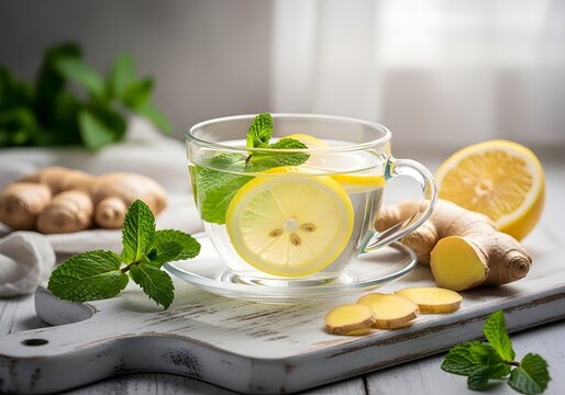 Aromatic ginger infusion with lemon and fresh mint leaves looks so soothing, offering a delightful experience and wellness benefits for a refreshing and healthful beverage right now because it