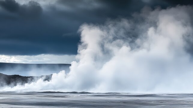 fumarole. Dense billowing steam rising from a volcanic fumarole in a dramatic landscape. ESG reports, sustainability campaigns, designed for sustainability communications and ESG reporting.