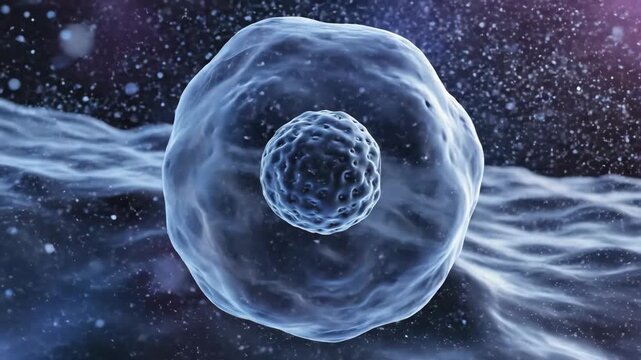 Detailed 3D animation of a single biological cell with a prominent nucleus, illustrating dynamic movement.