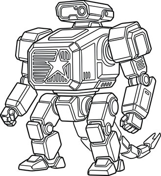 Futuristic robot mech machine with mechanical legs sci fi technology armored droid character line art vector illustration