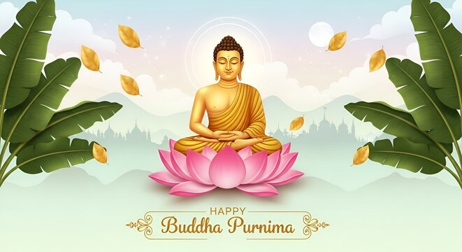 Buddha Purnima Vesak Day: Buddha Statue with Lotus Flower and Candlelight by the River