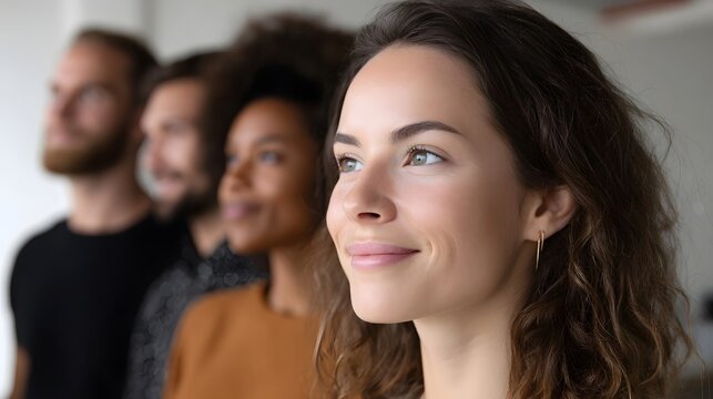 A confident woman in profile stands with a group of diverse professionals symbolizing modern teamwork and collabo n in a bright inspiring setting