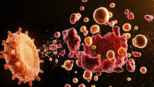 T cell destroying cancer cell with explosive cellular debris