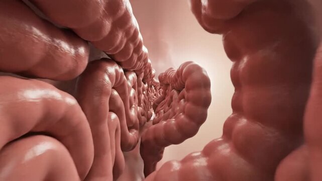 Detailed 3D animation of the human large intestine, illustrating the rhythmic peristaltic contractions. Essential for medical and health-related content.