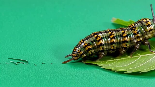 Detailed macro shot of a colorful caterpillar eating a green leaf on a plain background