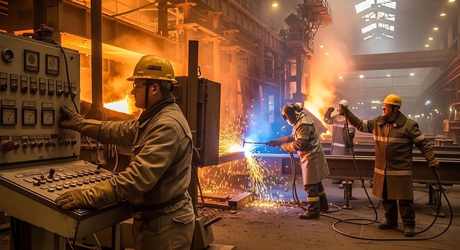 Industrial workers operating machinery and equipment in a steel mill