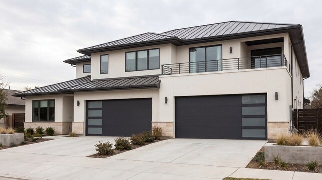 Modern two-story duplex house with dark garage doors and gray roof in suburban neighborhood
