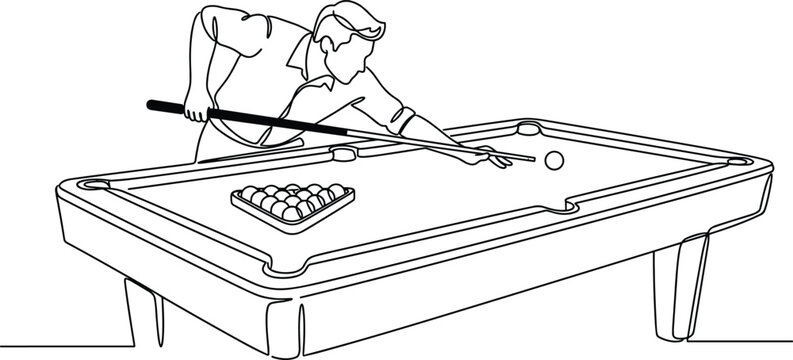 Man playing billiards on pool table line art illustration, cue sport game scene with aiming player and balls setup