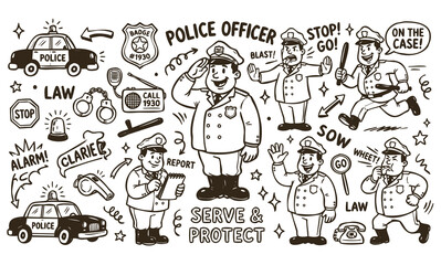 Vintage 1930s Style Police Officer Mascot and Law Enforcement Doodle Set © Avartde