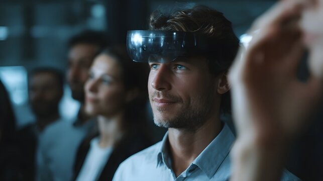 A professional wearing a virtual reality headset attends a modern high tech corporate seminar surrounded by colleagues