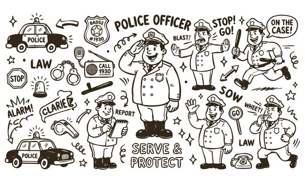 Vintage 1930s Style Police Officer Mascot and Law Enforcement Doodle Set