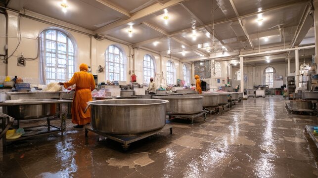 A wide angle shot of a modern kitchen in a Gurdwara, large steel cauldrons being cleaned by volunteers after the langar, water and light playing, architecture of service, clean lines