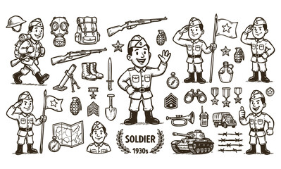 Naklejka premium Vintage 1930s Style Soldier Mascot and Military Army Doodle Set