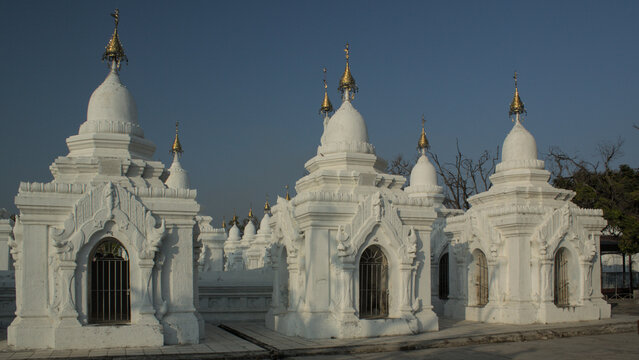Kuthodaw Pagoda with white stupas in Mandalay, Myanmar