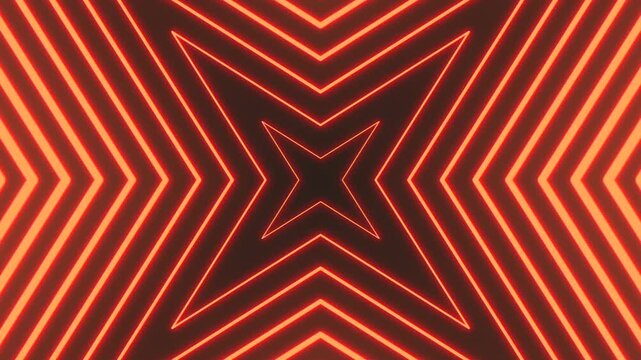 Futuristic abstract footage of red neon chevron lines forming a symmetrical tunnel and star shape on dark background, ideal for music visuals, tech promos, and VJ screens