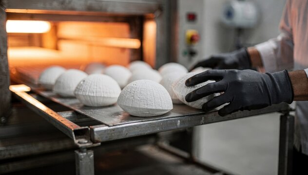 Focused view of a technician sliding ceramic shells on a trolley furnace the shells crisp and detailed with the moving furnace elements softly unfocused