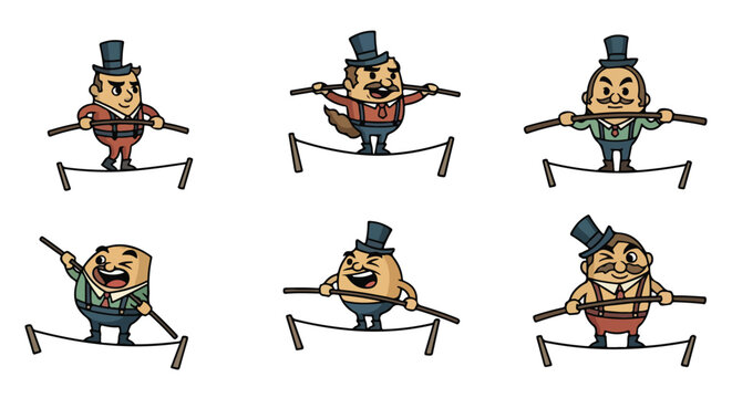 Cartoon characters balancing on tightrope with props and costumes isolated