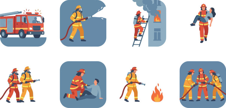 Emergency responders demonstrating various rescue and firefighting techniques Vector