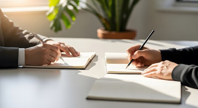 Closeup of two people writing in notebooks during a business meeting or interview at a desk