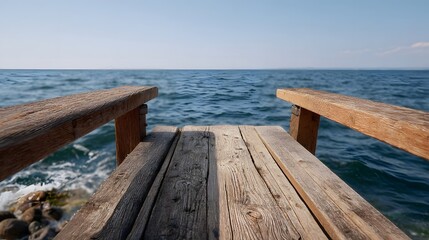 Fototapeta premium A weathered wooden pier extends into the calm blue ocean under a bright expansive sky