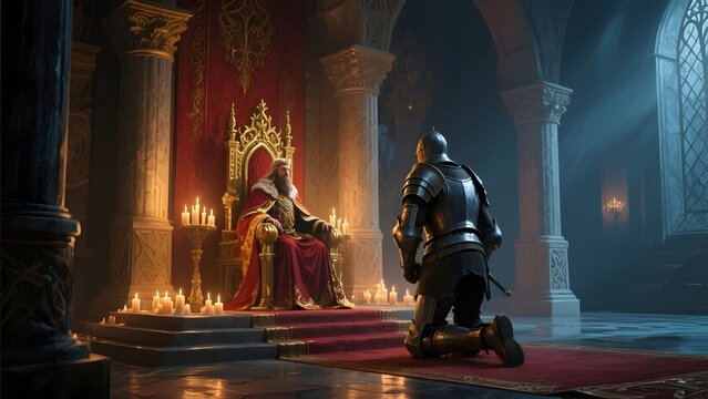 A loyal knight kneels before a majestic king on a golden throne in a grand, candlelit medieval castle hall, a historical depiction of fealty and profound loyalty