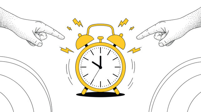 Time Management Alarm: An alarm clock symbolizing time management, with a hand pointing at it and suggesting the need for action to start the day. A concept of deadlines, punctuality and deadlines.