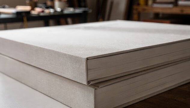 Close view of oversized museum catalog slipcase fitting around a thick art book contrasting sharp details with a blurred workshop background.