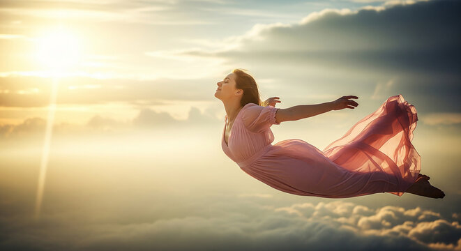 Woman flying peacefully through a magnificent sunset sky in a long pink dress perfect for surreal magical fantasies