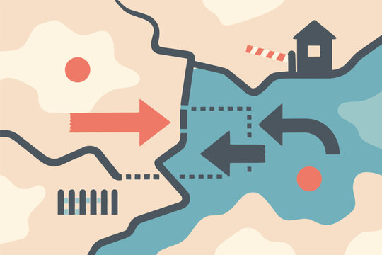 border conflict, conflict map, territory map, boundary lines, geopolitical concept, global tension, map illustration, abstract map, zone division, border lines, checkpoint concept, barrier symbol, sec