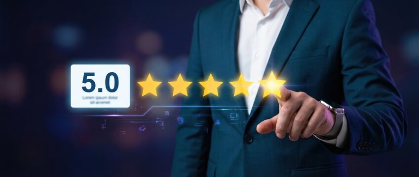 Achieving 5-star customer satisfaction ratings business industry digital performance review professional environment close-up viewpoint quality assurance concept