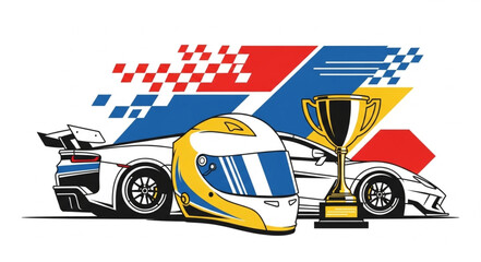 Racing car helmet and trophy with checkered flag background. © Cirayut