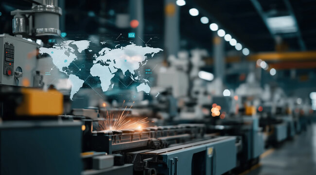 Industrial factory floor glows with digital world map overlay symbolizing global manufacturing network.