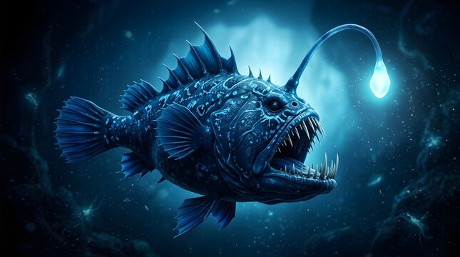 Deep sea anglerfish with bioluminescent lure in dark ocean
