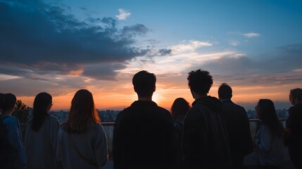 Fototapeta premium A group of people gathers at a high vantage point viewing the expansive city skyline under a vibrant colorful twilight sky