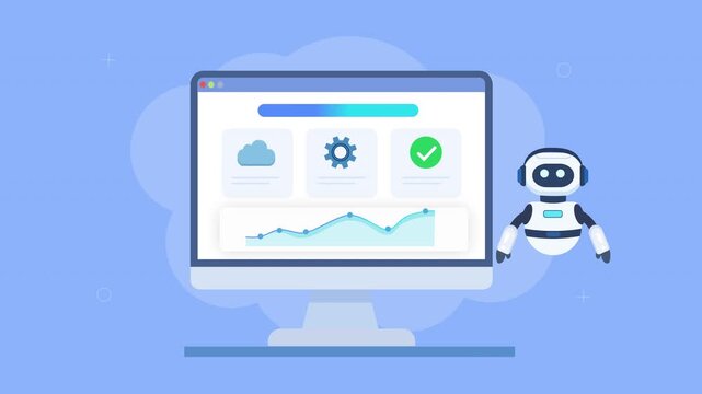Friendly robot assistant interacting with automated dashboard featuring cloud system, analytics charts, and progress indicators in smooth animation, representing centralized control and smart workflow