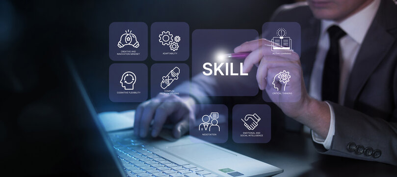 Future Skills Concept. Interfacing future skills such as critical thinking, adaptability, emotional and social intelligence and creative innovation. Digital transformation, reskilling and upskilling.