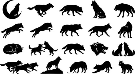 Fototapeta premium Collection of Silhouette Vector Graphics of Wolves in Various Poses and Actions, Ideal for Wildlife and Nature Themed Designs