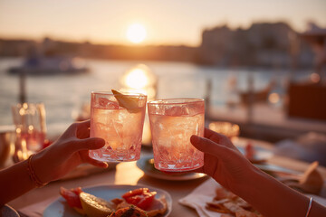 Naklejka premium Sunset celebration with friends, toasting gin cocktails by the waterfront Generative AI