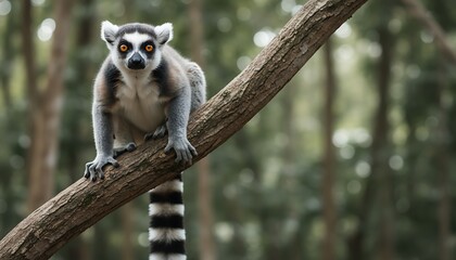 Fototapeta premium Ring-tailed lemur sitting on a tree branch in a forest with wildlife madagascar adorable outdoors