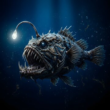 Deep sea anglerfish with glowing lure in dark ocean depths