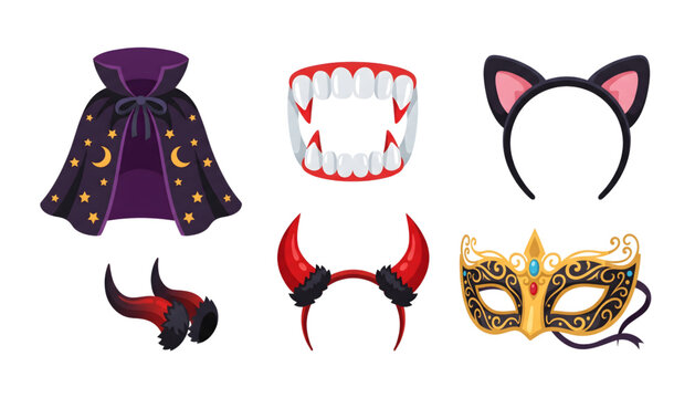 halloween costume accessories set with devil horns vampire teeth and masks on transparent background