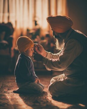 Bokeh-rich photograph of a young Sikh boy tying his first patka with help of his father in morning light, warm gold interior of a home during Vaisakhi, emotional documentary lifestyle photography