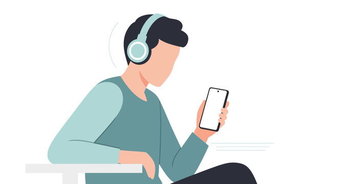 Flat vector illustration of a man using a smartphone with headphones